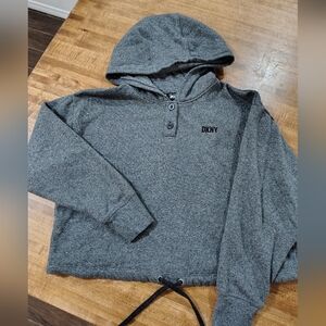 DKNY Sport Gray Hooded Henley Cropped Sweater